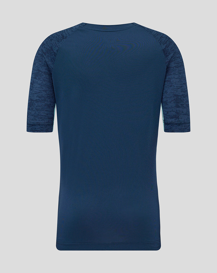 Back view of navy junior Athletic Club short sleeve tee showing textured sleeves and contrasting side panels