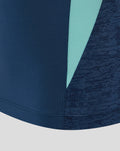 Close-up of navy athletic club tee showing teal side stripe and textured knit fabric.