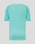 Back view of turquoise Athletic Club junior tee with heathered sleeves and navy side panel.