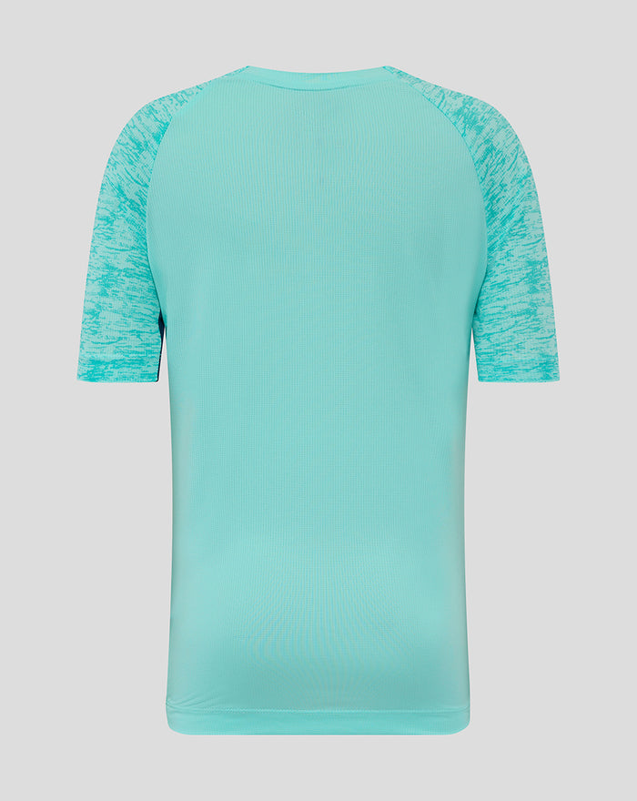 Back view of turquoise Athletic Club junior tee with heathered sleeves and navy side panel.