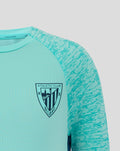Close up of left chest showing Athletic Club crest on turquoise tee with heather sleeves.