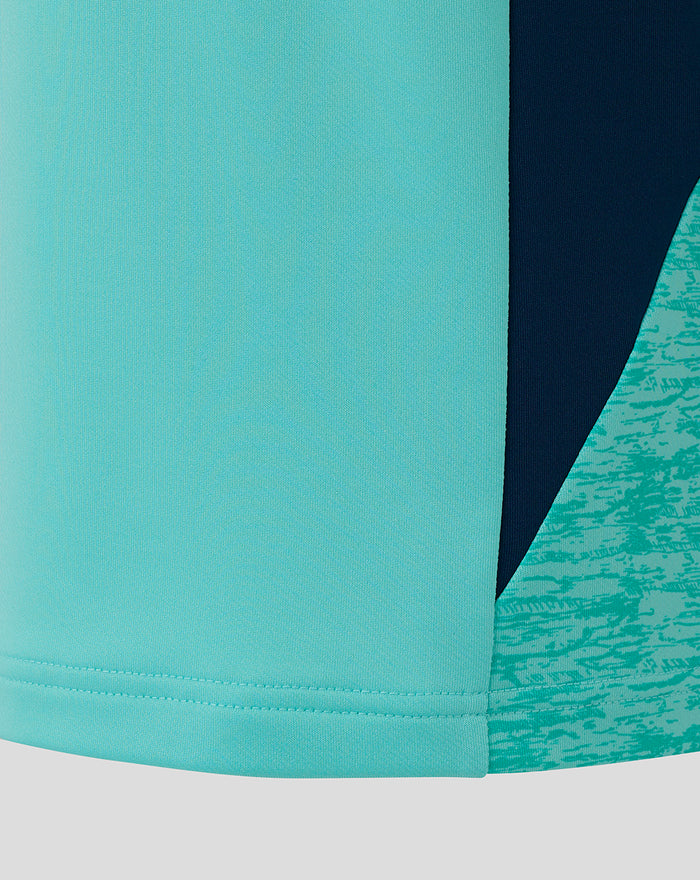 Front view of turquoise Athletic Club Performance Midlayer Top junior with quarter zip and chest logos