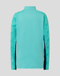 Back view of turquoise Athletic Club Performance Midlayer Top junior with marled sleeves and dropped hem