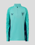 Turquoise athletic club performance midlayer top front view with crest on left chest and Castore logo on right.