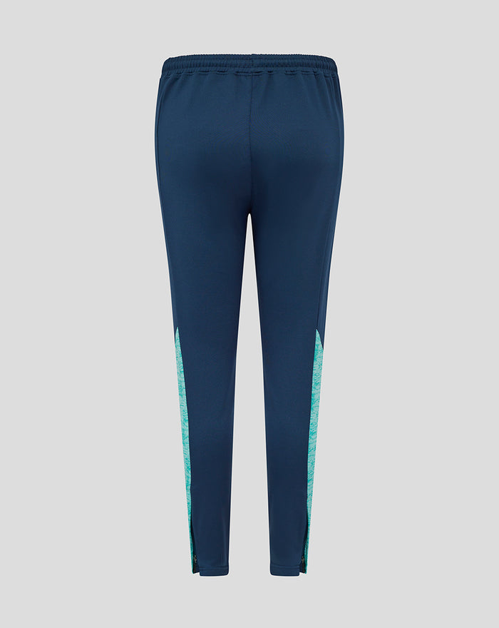 Back view of navy Athletic Club performance knit pants with teal side panels