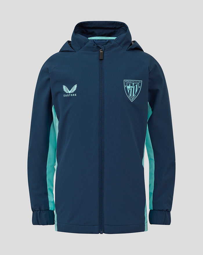 Packable hooded shower jacket in navy with turquoise side panels and crest on the chest