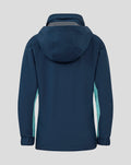 Back view of navy Athletic Club hooded jacket showing turquoise side panels and attached hood