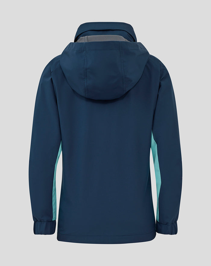 Back view of navy Athletic Club hooded jacket showing turquoise side panels and attached hood