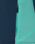 Close up of the zipper on navy and turquoise Athletic Club packable hood shower jacket