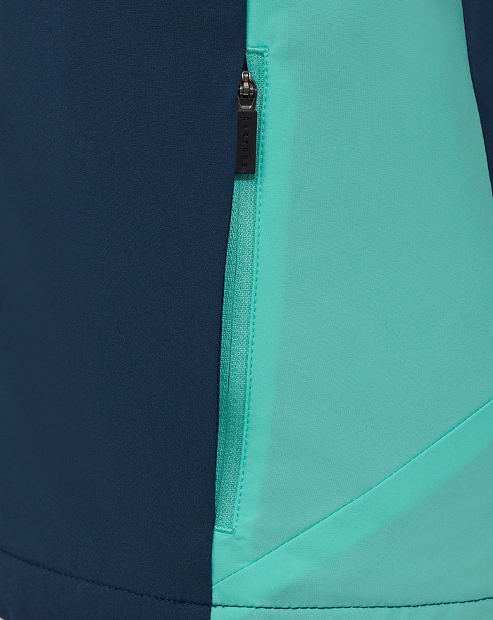 Close up of the zipper on navy and turquoise Athletic Club packable hood shower jacket