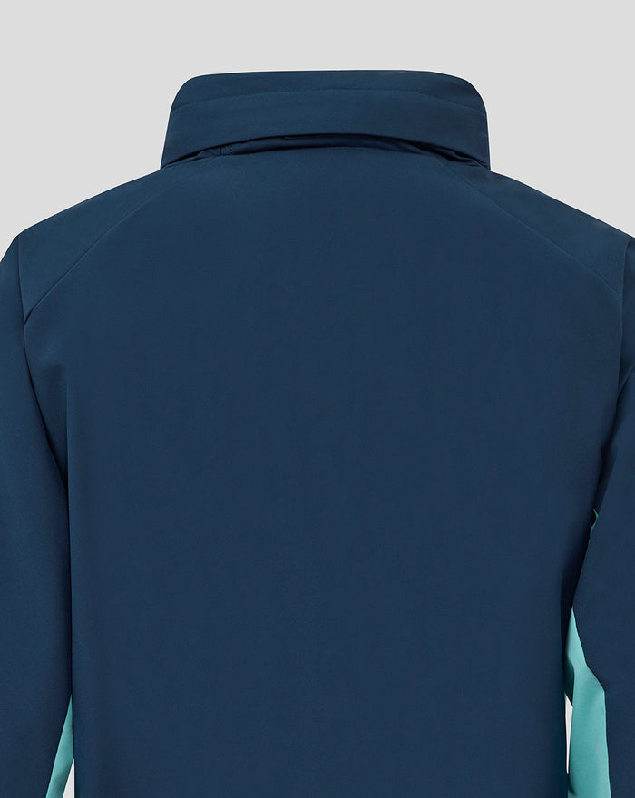 Back view of navy jacket with clean yoke and turquoise side panels along the sleeves