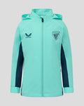 Front view of turquoise hooded shower jacket with zip front, navy side panels, and athletic club crest.