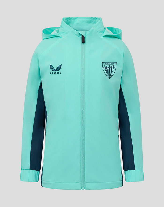 Front view of turquoise hooded shower jacket with zip front, navy side panels, and athletic club crest.