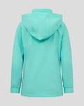 Back view of turquoise hooded shower jacket with attached hood and clean back panel.
