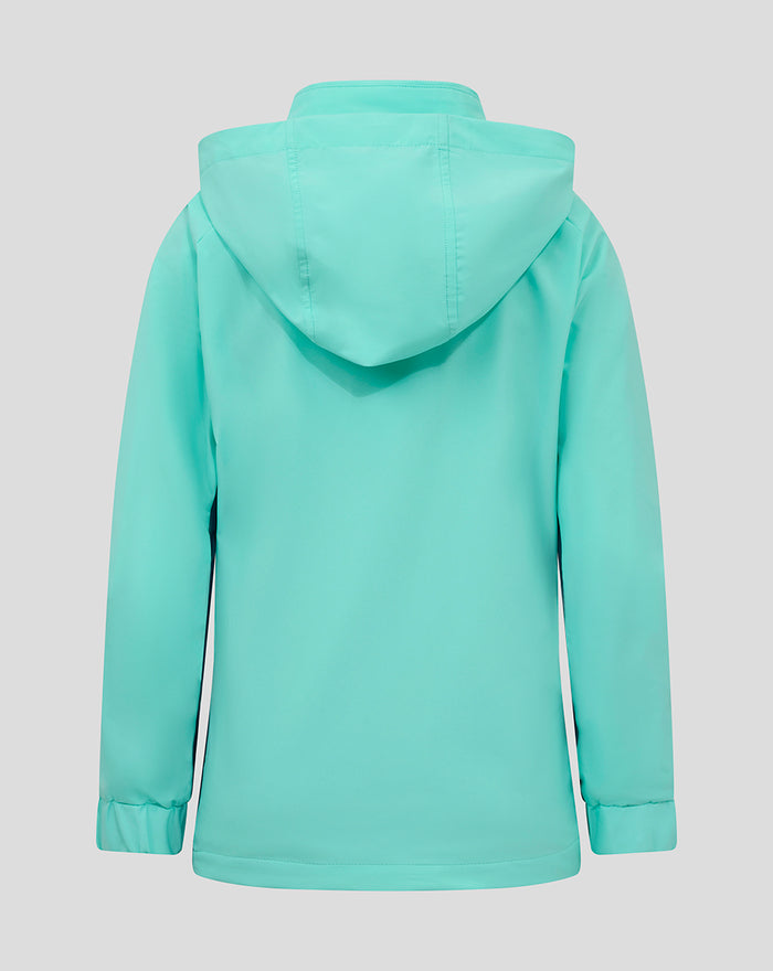 Back view of turquoise hooded shower jacket with attached hood and clean back panel.