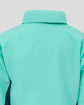 Back view of turquoise hooded packable shower jacket showing the collar.