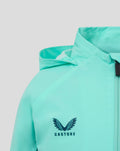 Close-up of aqua jacket chest area showing Castore logo and zipper.