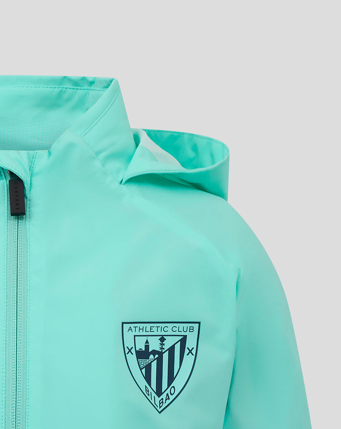 Light turquoise hooded shower jacket with a dark shield Athletic Club logo on the chest.