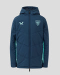 Front view of junior ATHLETIC CLUB padded jacket in navy with teal side panels and hood