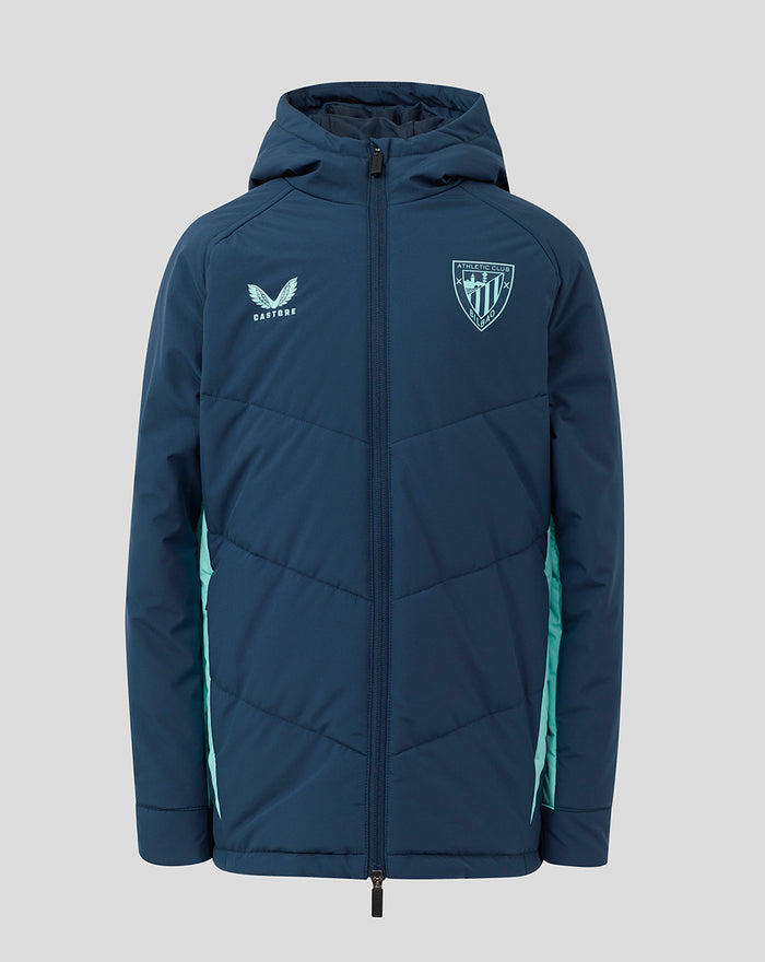 Front view of junior ATHLETIC CLUB padded jacket in navy with teal side panels and hood