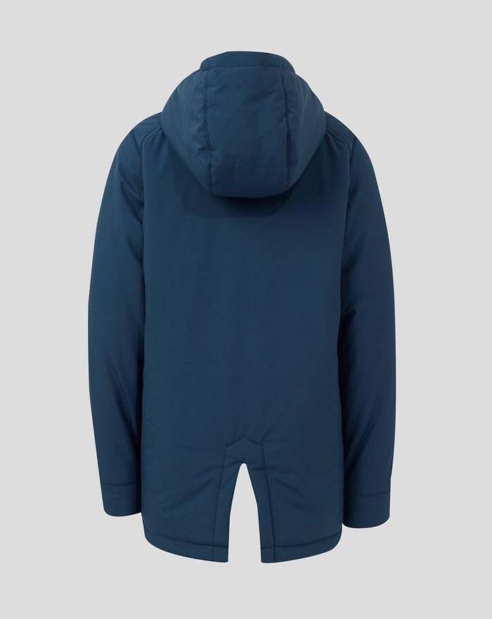 Back view of junior ATHLETIC CLUB padded jacket with hood in navy