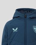Navy junior padded jacket with hood and front zipper featuring Castore logo on the chest