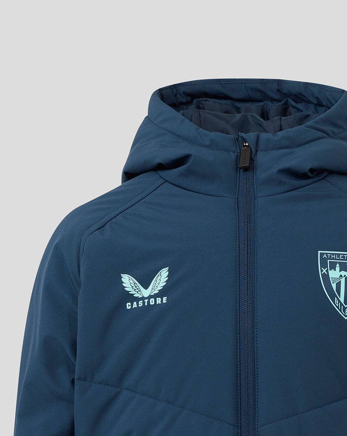 Navy junior padded jacket with hood and front zipper featuring Castore logo on the chest