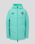 Front view of turquoise padded hooded jacket with team crest and Castore logo