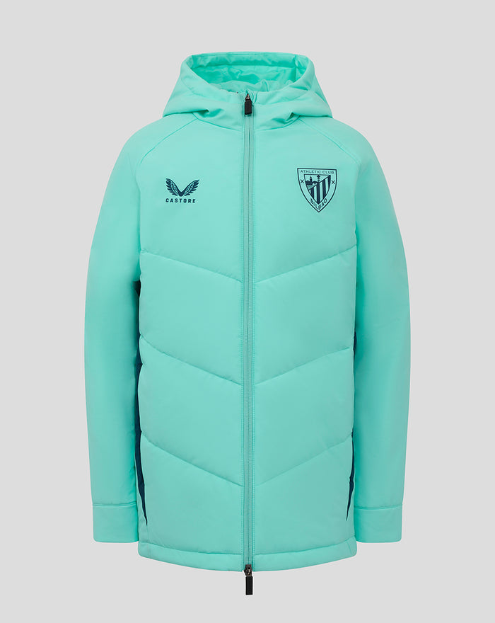 Front view of turquoise padded hooded jacket with team crest and Castore logo