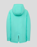 Back view of turquoise padded hooded jacket showing hood and center back vent slit