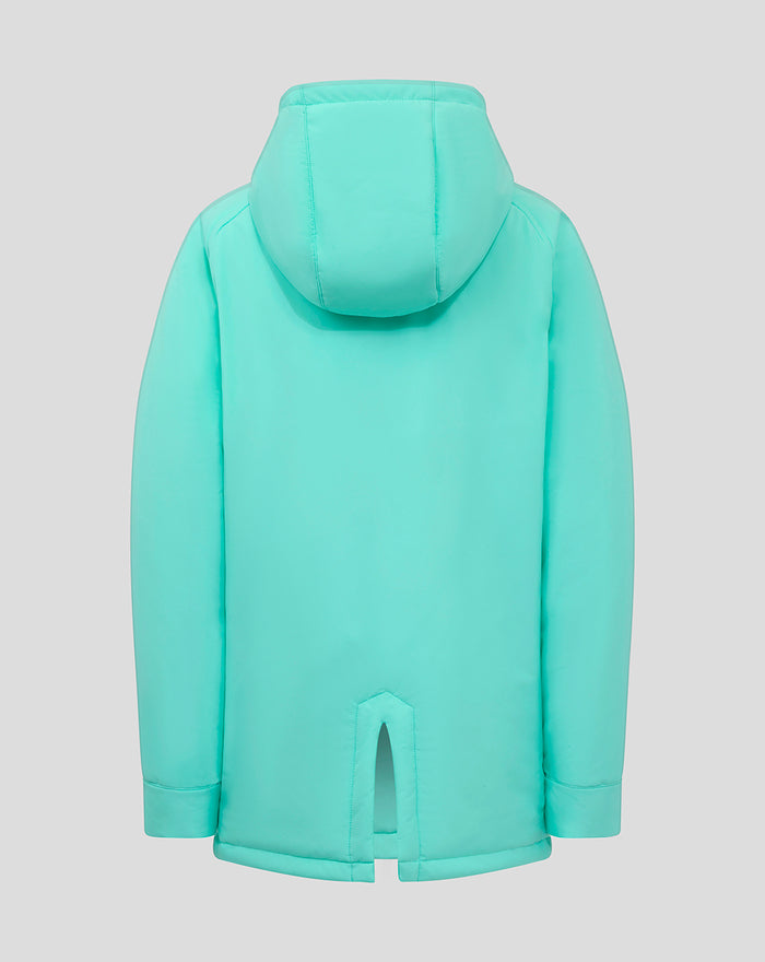 Back view of turquoise padded hooded jacket showing hood and center back vent slit