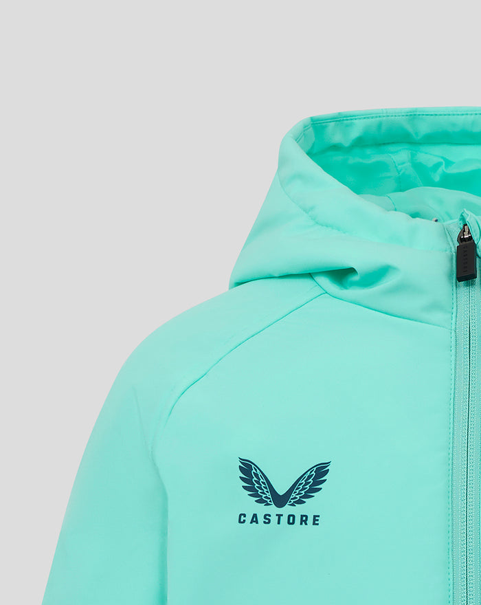 Mint green padded jacket with hood and full zip featuring the Castore logo on the chest