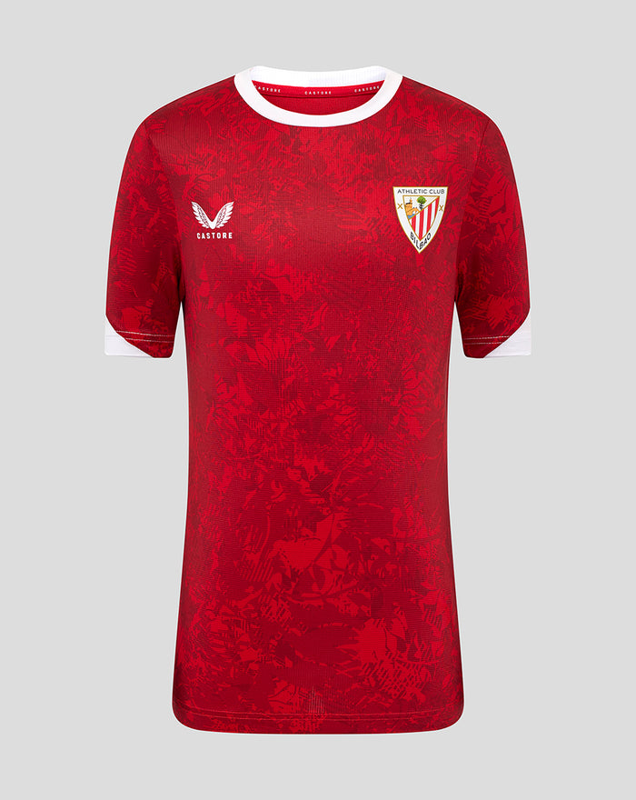 Front view of junior Athletic Club Home Pre Match Short Sleeve Tee in red with white collar and left chest crest.