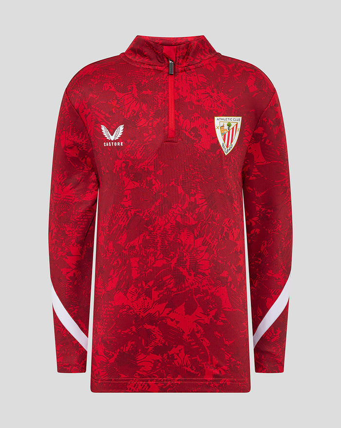 Front view of red junior Athletic Club Home Pre Match Midlayer Top with funnel neck quarter zip white sleeve panels and Castore logo.