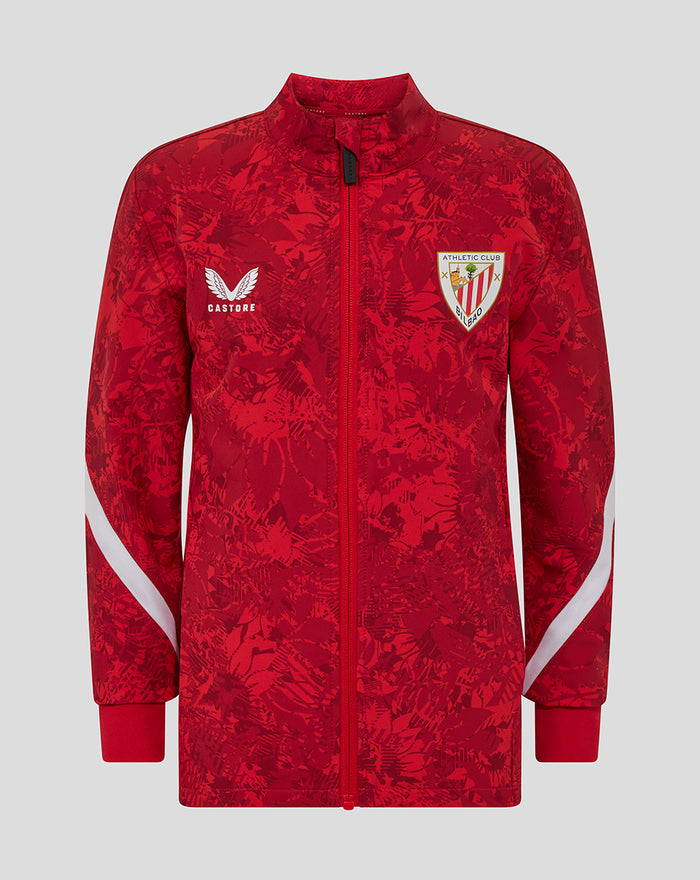 Front view of red Athletic Club Home Pre Match Jacket Junior with full zip funnel collar abstract print and chest logos