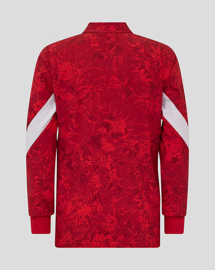 Back view of red camo junior Athletic Club home pre match jacket with funnel collar