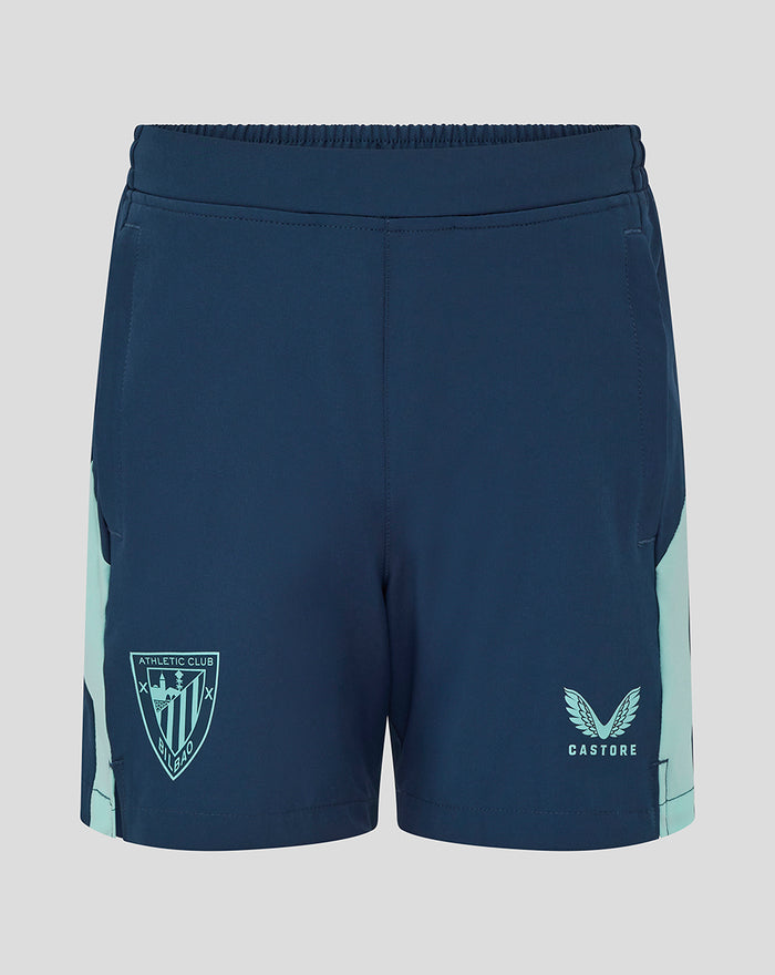 Front view of navy Athletic Club presentation woven shorts for juniors with mint side panels and club crest