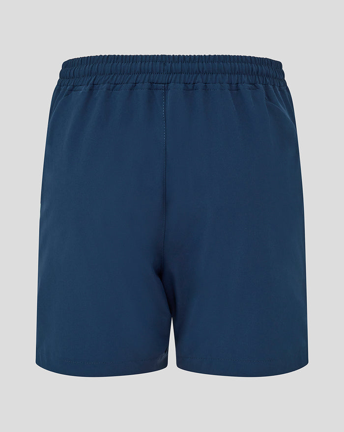 Back view of navy Athletic Club presentation woven shorts for juniors with elastic waistband and mint side panels