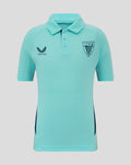 Front view of turquoise athletic polo with club crest on left chest and Castore logo on right.