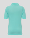 Back view of turquoise athletic club polo shirt with short sleeves.