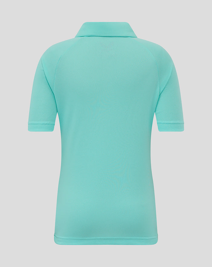 Back view of turquoise athletic club polo shirt with short sleeves.