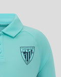 Close-up of turquoise polo collar and left chest crest with textured fabric.