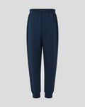 Full-length navy athletic club travel knit pant front view with elastic waistband and side pocket