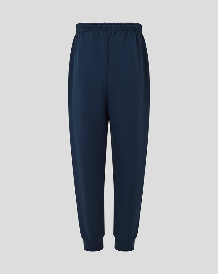 Full-length navy athletic club travel knit pant front view with elastic waistband and side pocket