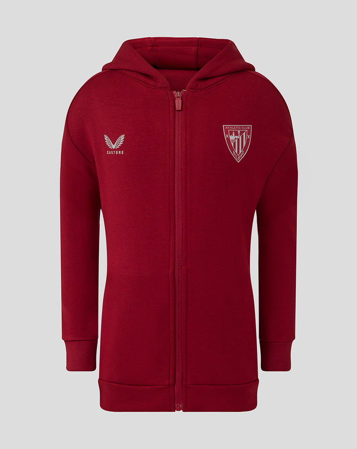 Red junior full zip hoodie with hood front view showing Castore logo and Athletic Club crest