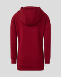 Back view of red junior athletic club travel hoodie with hood and ribbed cuffs