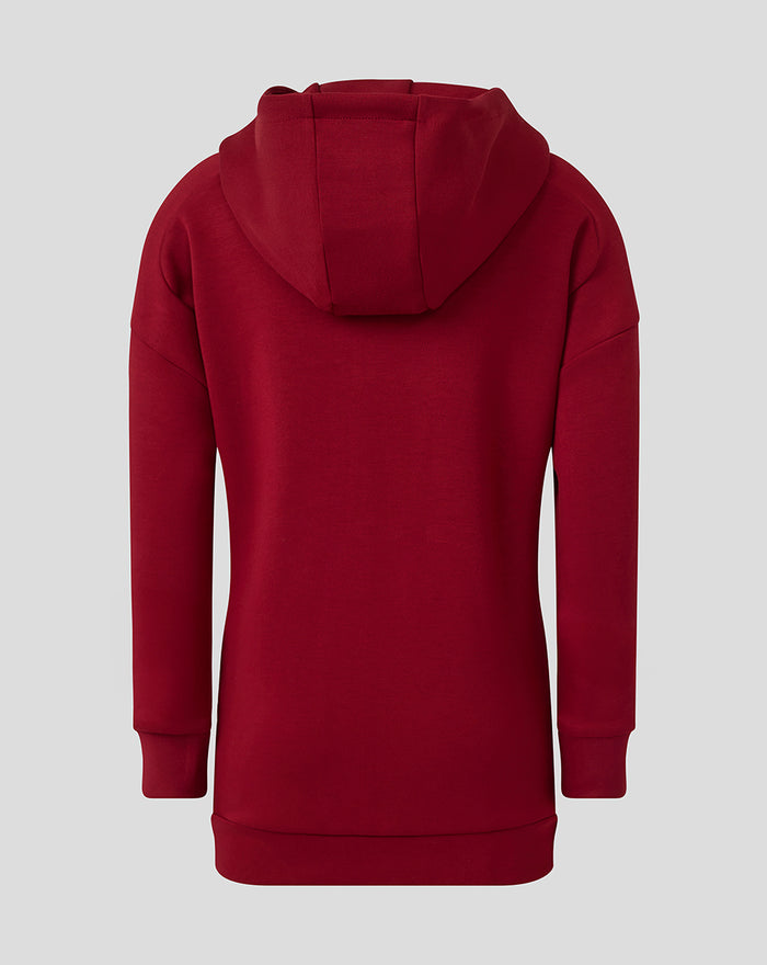 Back view of red junior athletic club travel hoodie with hood and ribbed cuffs