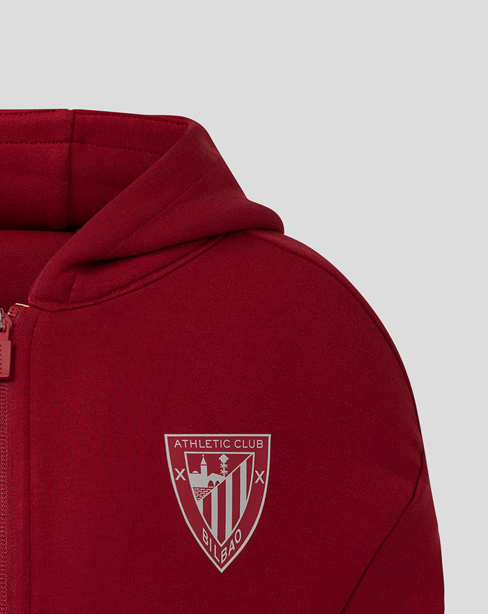 Athletic Club shield crest on the red zip hoodie
