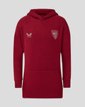 Front view of red junior athletic club travel hoodie with the crest on the chest and Castore logo