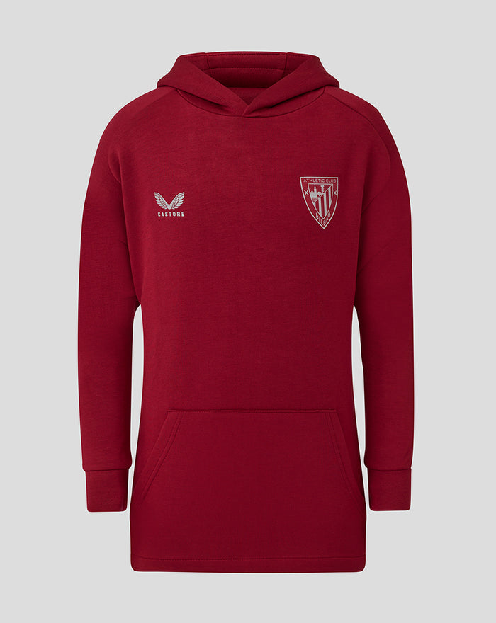 Front view of red junior athletic club travel hoodie with the crest on the chest and Castore logo